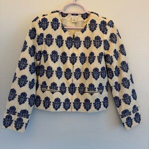 J. Crew Cream with Blue Filigree Patterned Short Blazer